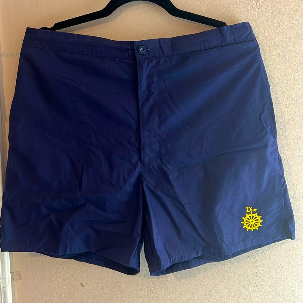 CHRISTIAN DIOR NAVY SWIM TRUNKS WITH EMBROIDERED NAUTICAL WHEEL